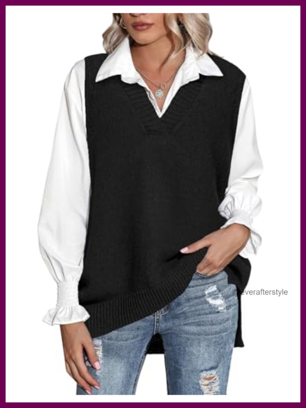 Zeagoo Sleeveless V Neck Oversized Knitted Sweater Vest Fall Outfit